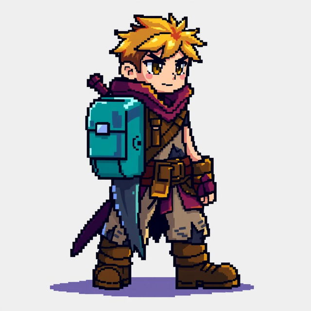 Pixel art character sprite with vibrant colors to stand out against the background, featuring unique clothing made of tattered fabrics and a noticeable backpack for inventory