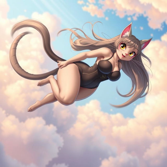 A curvy catgirl with feline features, including soft cat ears and whiskers