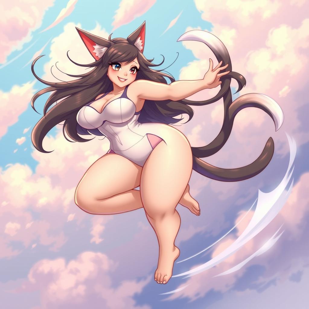 A curvy catgirl with feline features, including soft cat ears and whiskers