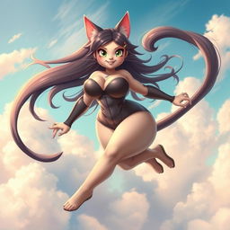 A curvy catgirl with feline features, including soft cat ears and whiskers