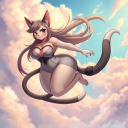 A curvy catgirl with feline features, including soft cat ears and whiskers
