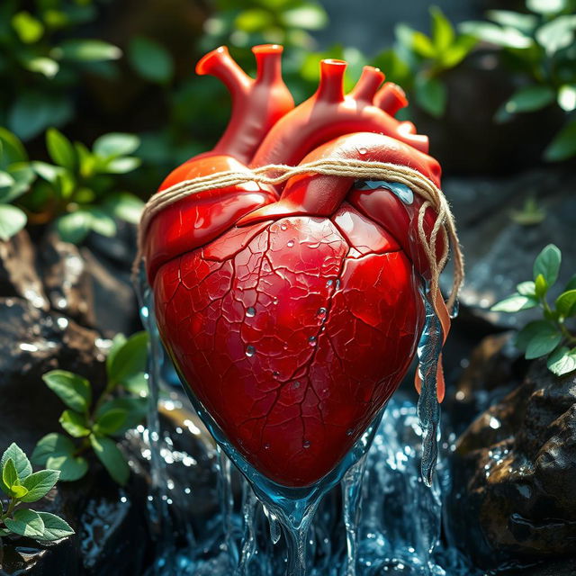 A beautifully detailed heart adorned with a delicate blindfold, from which a vibrant waterfall flows, cascading over the edges