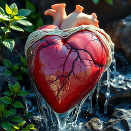 A beautifully detailed heart adorned with a delicate blindfold, from which a vibrant waterfall flows, cascading over the edges