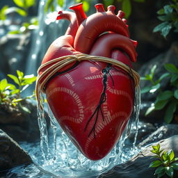 A beautifully detailed heart adorned with a delicate blindfold, from which a vibrant waterfall flows, cascading over the edges