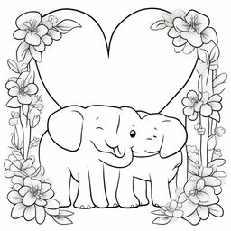 A kid's coloring book page blooming with a loving scene of a baby elephant and a mommy elephant standing next to each other, their trunks intertwined to form a heart