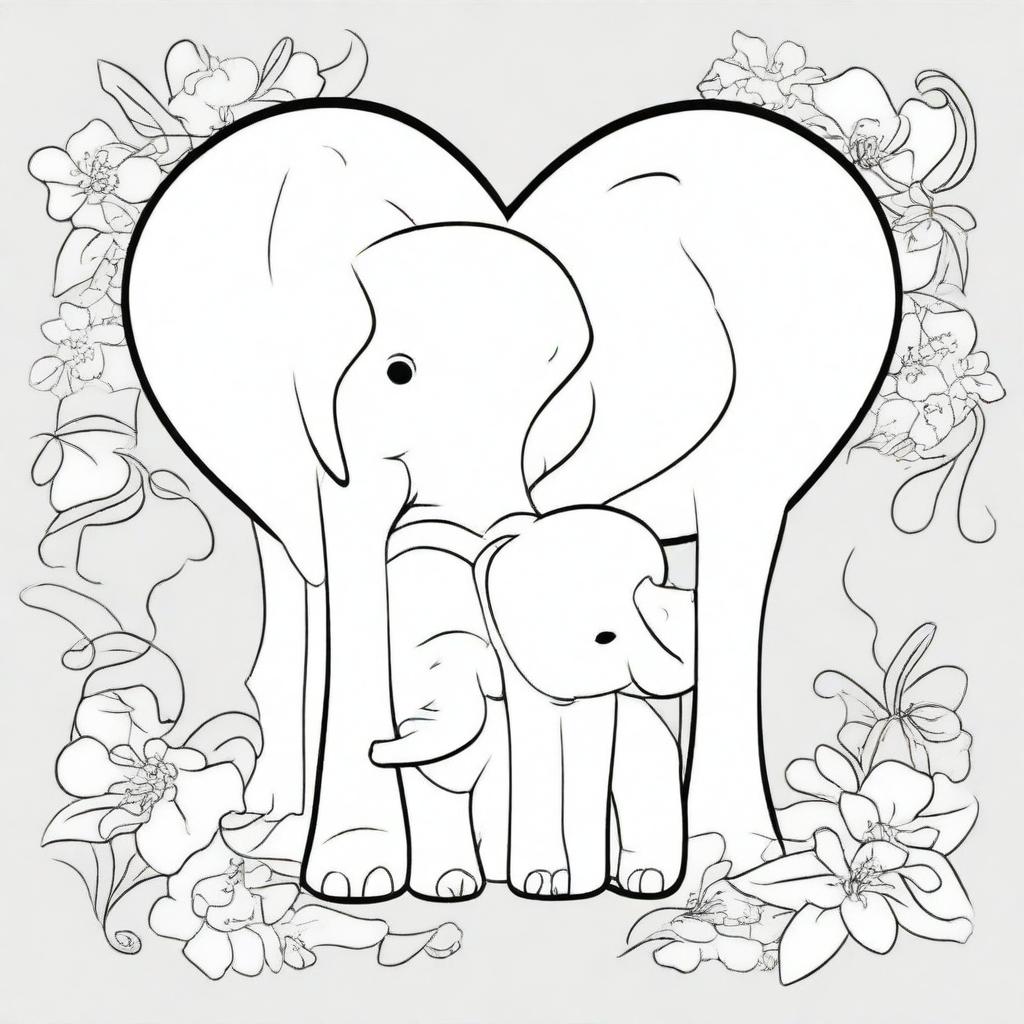 A kid's coloring book page blooming with a loving scene of a baby elephant and a mommy elephant standing next to each other, their trunks intertwined to form a heart