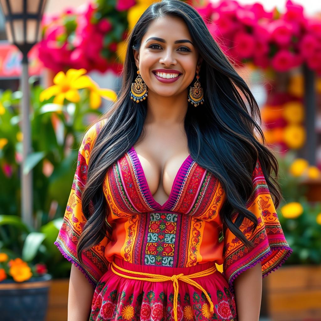 A beautiful Latina woman with big cleavage, wearing a traditional, colorful dress that features intricate patterns and embroidery