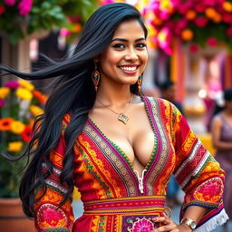 A beautiful Latina woman with big cleavage, wearing a traditional, colorful dress that features intricate patterns and embroidery