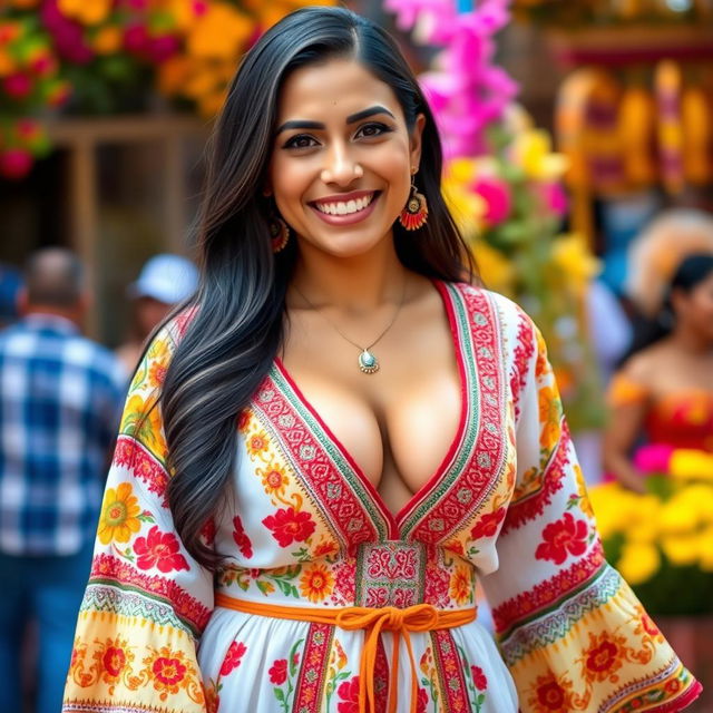 A beautiful Latina woman with big cleavage, wearing a traditional, colorful dress that features intricate patterns and embroidery