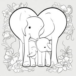 A kid's coloring book page blooming with a loving scene of a baby elephant and a mommy elephant standing next to each other, their trunks intertwined to form a heart