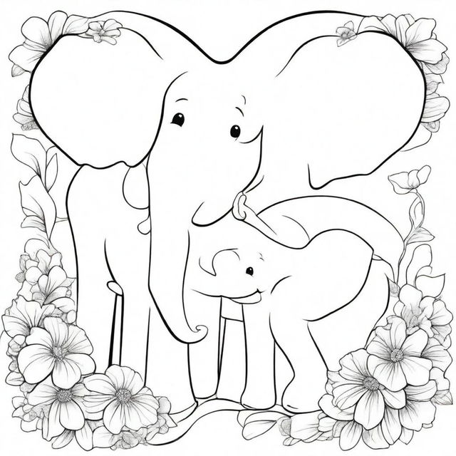 A kid's coloring book page blooming with a loving scene of a baby elephant and a mommy elephant standing next to each other, their trunks intertwined to form a heart