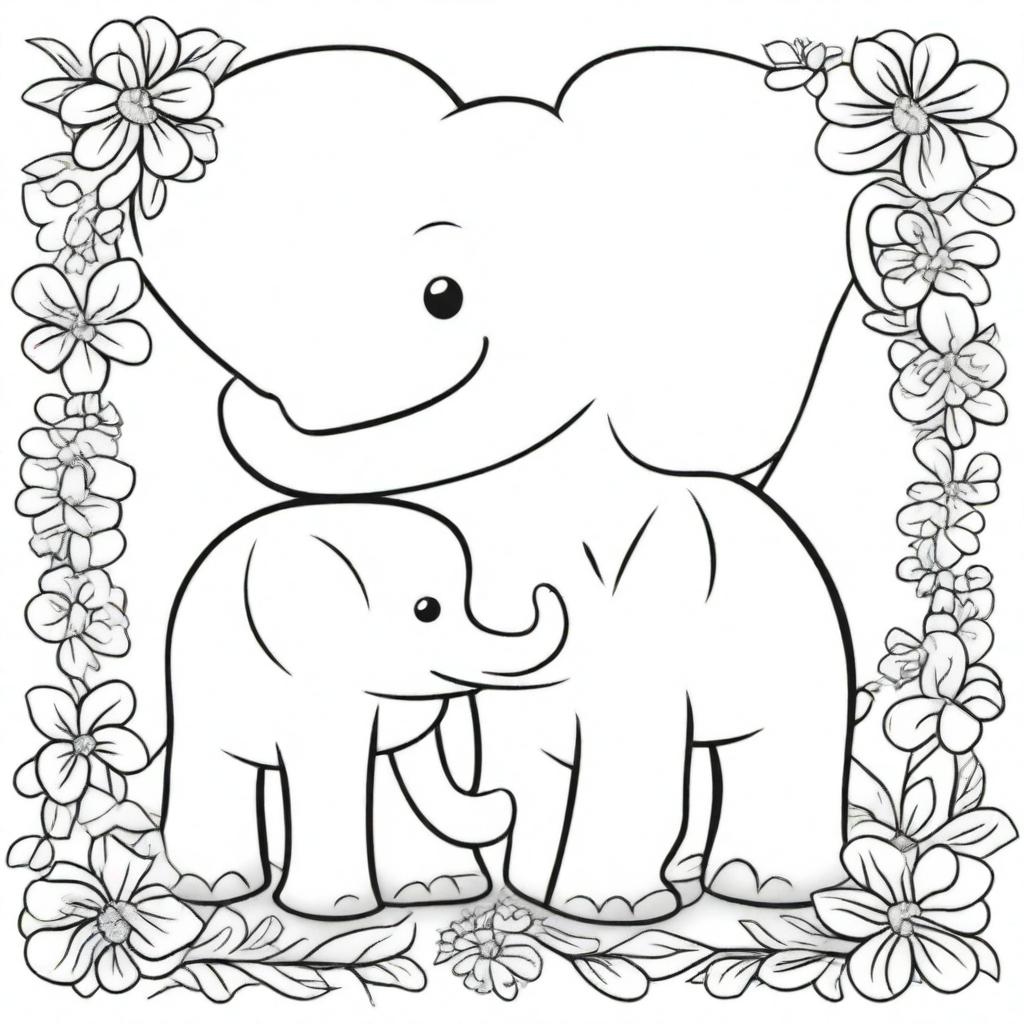 A kid's coloring book page blooming with a loving scene of a baby elephant and a mommy elephant standing next to each other, their trunks intertwined to form a heart