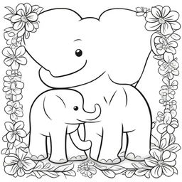 A kid's coloring book page blooming with a loving scene of a baby elephant and a mommy elephant standing next to each other, their trunks intertwined to form a heart