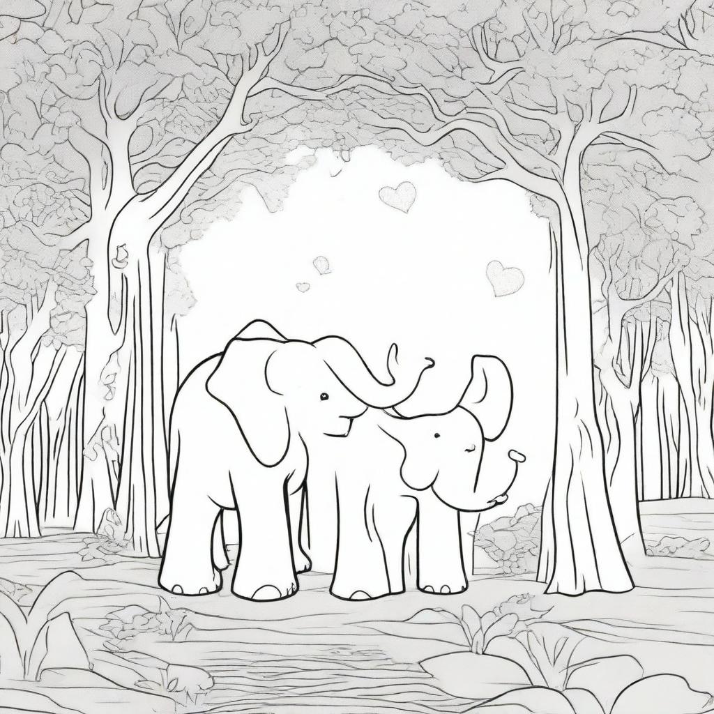 A detailed kid's coloring book page, portraying a baby elephant and a mommy elephant under a canopy of trees, their trunks making a heart shape, with a multitude of textured details etched into their skin, the trees, and environment