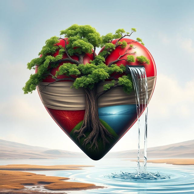 An intricately designed heart with a delicate blindfold, featuring a majestic tree growing robustly out of the left side