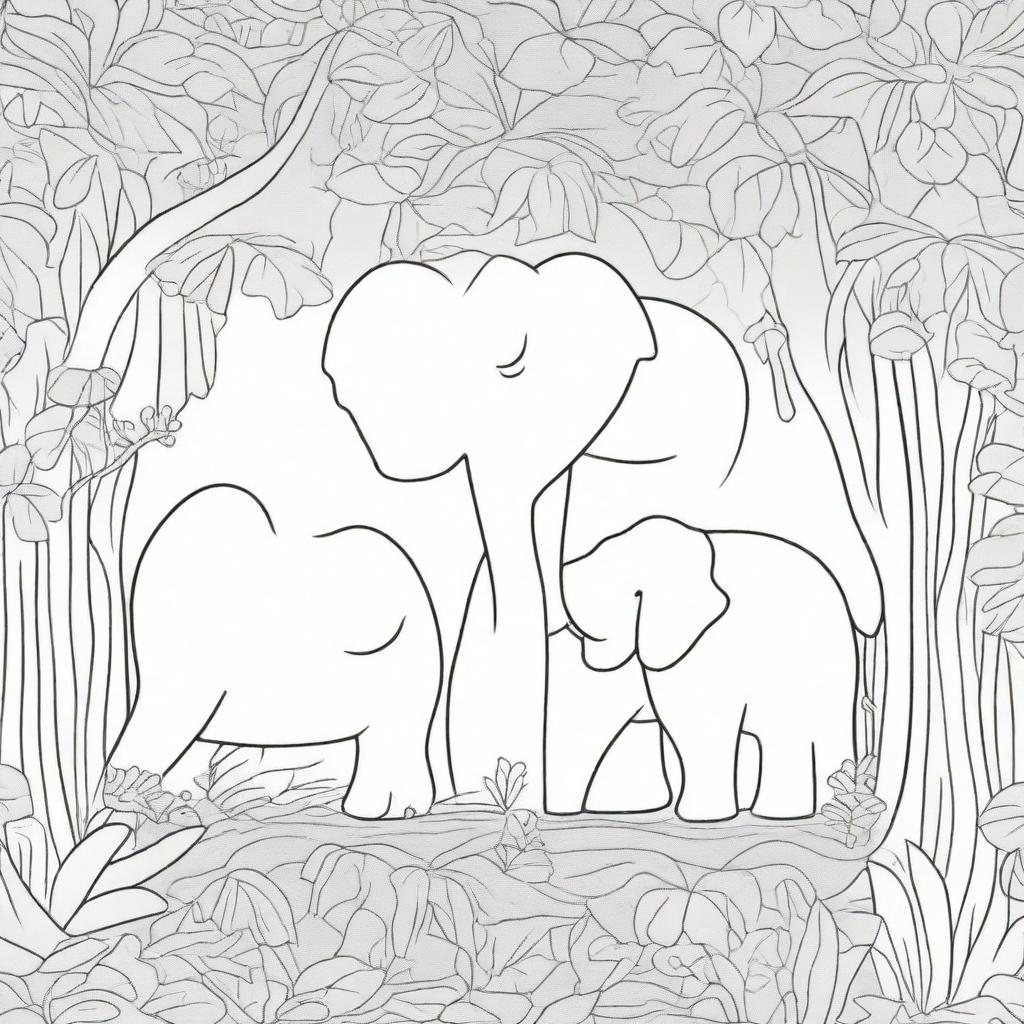 A detailed kid's coloring book page, portraying a baby elephant and a mommy elephant under a canopy of trees, their trunks making a heart shape, with a multitude of textured details etched into their skin, the trees, and environment