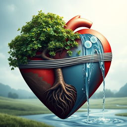 An intricately designed heart with a delicate blindfold, featuring a majestic tree growing robustly out of the left side