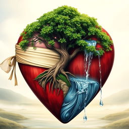 An intricately designed heart with a delicate blindfold, featuring a majestic tree growing robustly out of the left side
