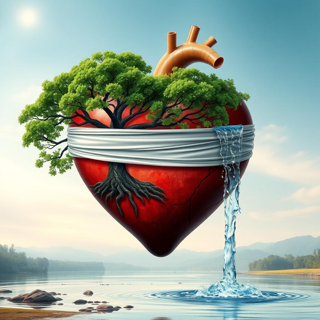 An intricately designed heart with a delicate blindfold, featuring a majestic tree growing robustly out of the left side