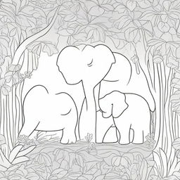 A detailed kid's coloring book page, portraying a baby elephant and a mommy elephant under a canopy of trees, their trunks making a heart shape, with a multitude of textured details etched into their skin, the trees, and environment