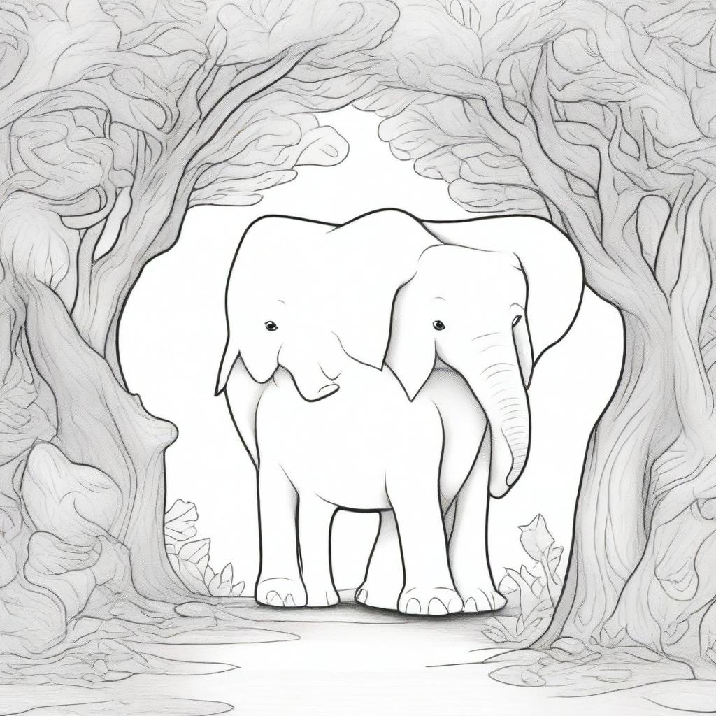 A detailed kid's coloring book page, portraying a baby elephant and a mommy elephant under a canopy of trees, their trunks making a heart shape, with a multitude of textured details etched into their skin, the trees, and environment