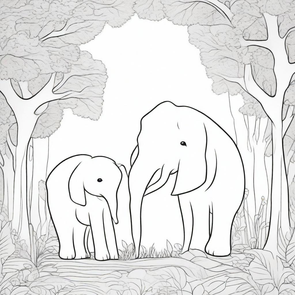 A detailed kid's coloring book page, portraying a baby elephant and a mommy elephant under a canopy of trees, their trunks making a heart shape, with a multitude of textured details etched into their skin, the trees, and environment