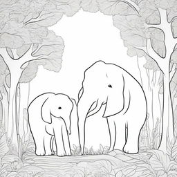 A detailed kid's coloring book page, portraying a baby elephant and a mommy elephant under a canopy of trees, their trunks making a heart shape, with a multitude of textured details etched into their skin, the trees, and environment