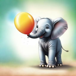 A charming image of a happy baby elephant joyfully playing with a vibrant, round balloon.