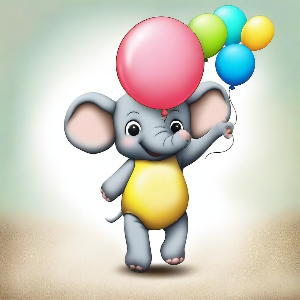 A charming image of a happy baby elephant joyfully playing with a vibrant, round balloon.