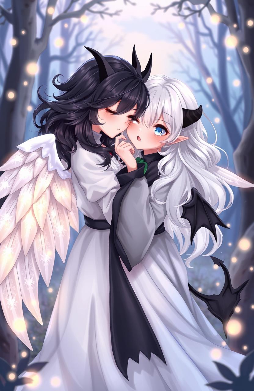 A whimsical and enchanting scene depicting two girls, one with long white hair wearing a flowing white dress adorned with shimmering angelic wings, exuding a soft and radiant glow