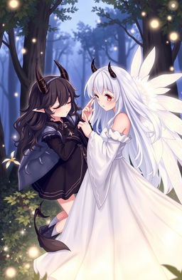 A whimsical and enchanting scene depicting two girls, one with long white hair wearing a flowing white dress adorned with shimmering angelic wings, exuding a soft and radiant glow
