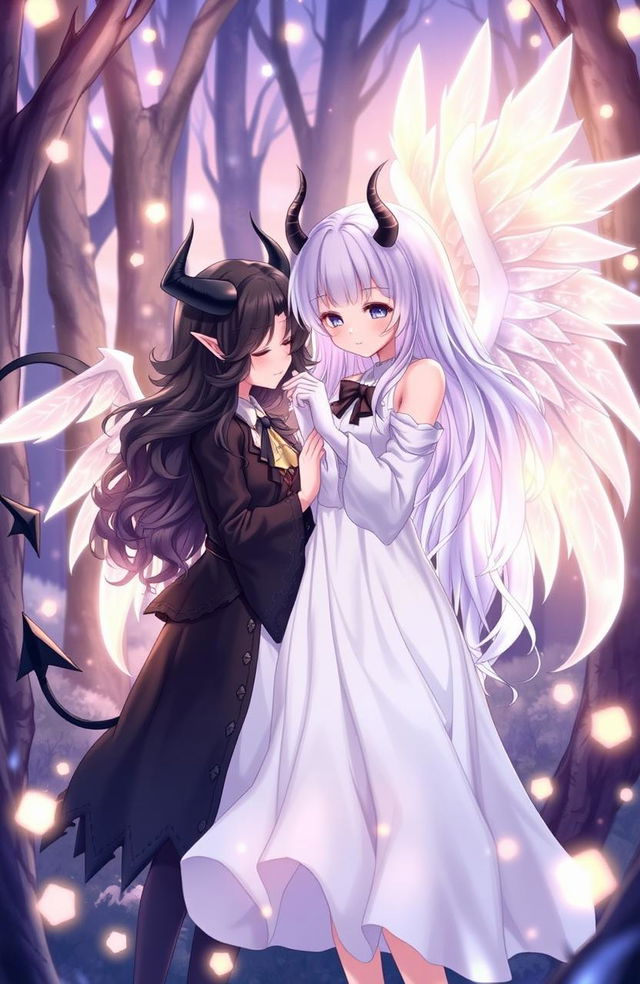 A whimsical and enchanting scene depicting two girls, one with long white hair wearing a flowing white dress adorned with shimmering angelic wings, exuding a soft and radiant glow