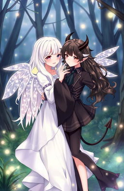 A whimsical and enchanting scene depicting two girls, one with long white hair wearing a flowing white dress adorned with shimmering angelic wings, exuding a soft and radiant glow