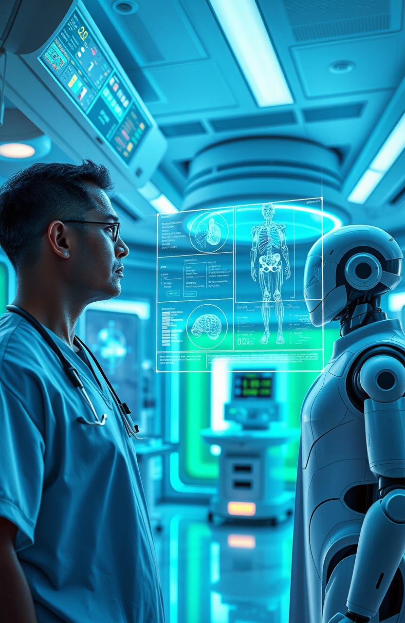 A futuristic scene depicting artificial intelligence in medical science