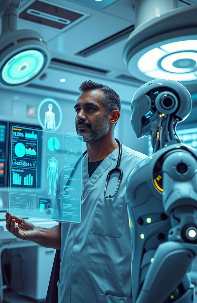 A futuristic scene depicting artificial intelligence in medical science