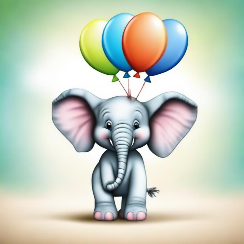 A charming image of a happy baby elephant joyfully playing with a vibrant, round balloon.