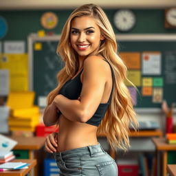 A stunning 18-year-old Brazilian female teacher with an hourglass figure, muscular body, flat stomach, large firm breasts, and a well-defined muscular butt, confidently posing sensually in front of a classroom