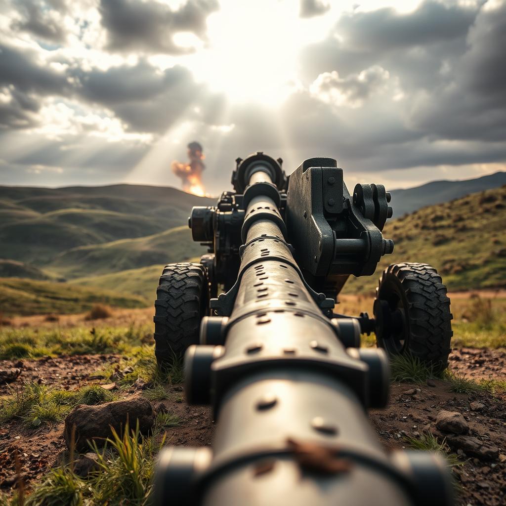 A close-up, highly detailed image of a 105mm howitzer artillery gun, showcasing its intricate mechanisms and sturdy construction