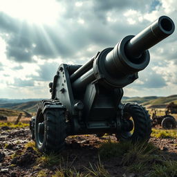 A close-up, highly detailed image of a 105mm howitzer artillery gun, showcasing its intricate mechanisms and sturdy construction