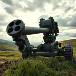 A close-up, highly detailed image of a 105mm howitzer artillery gun, showcasing its intricate mechanisms and sturdy construction