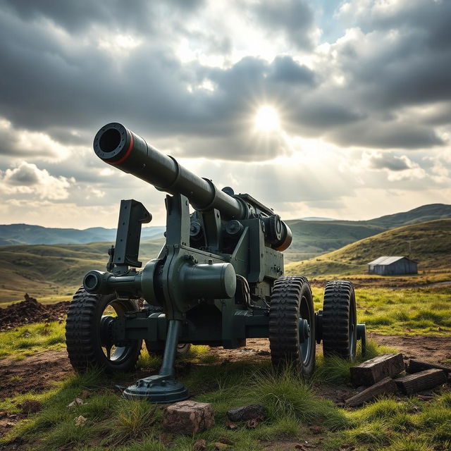 A close-up, highly detailed image of a 105mm howitzer artillery gun, showcasing its intricate mechanisms and sturdy construction