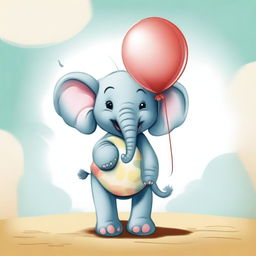 A charming image of a happy baby elephant joyfully playing with a vibrant, round balloon.