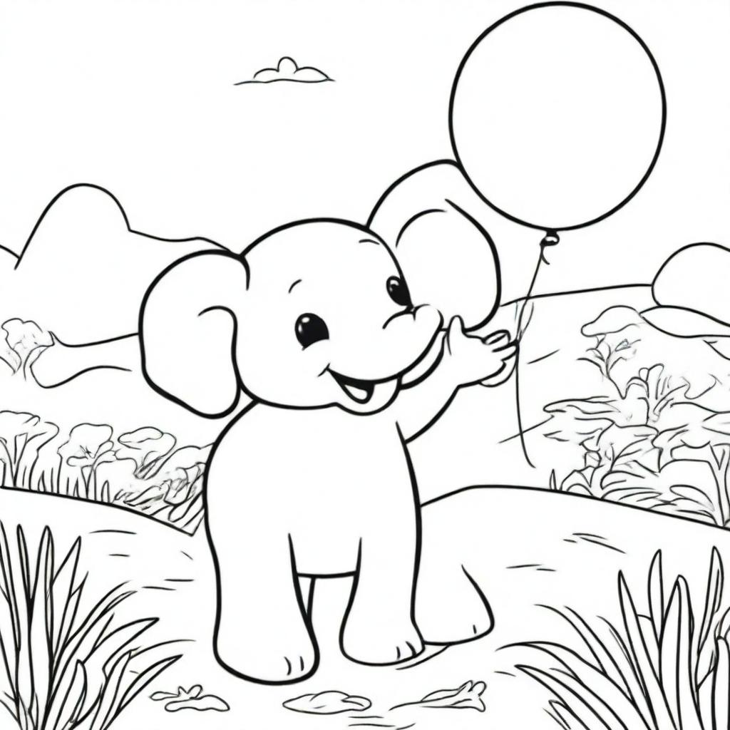 A coloring book page featuring a charming scene of a joyous baby elephant gleefully playing with a bouncy balloon against a backdrop of a sunny savannah