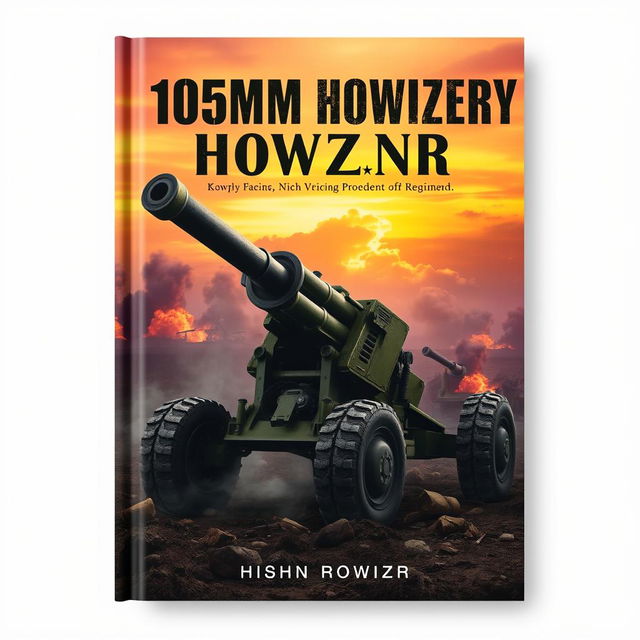 A striking book cover design featuring a 105mm howitzer artillery gun prominently displayed against a backdrop of a dramatic battlefield scene