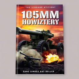 A striking book cover design featuring a 105mm howitzer artillery gun prominently displayed against a backdrop of a dramatic battlefield scene