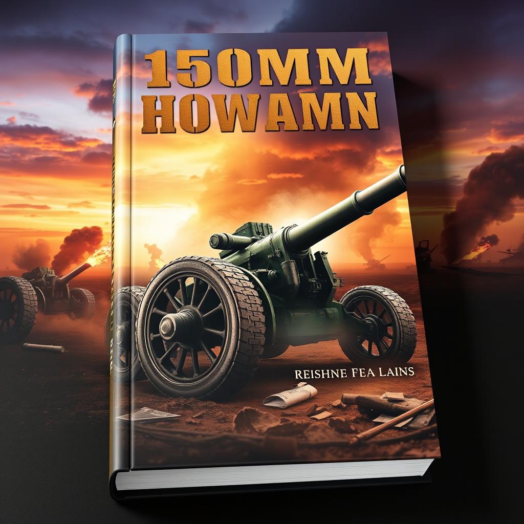 A striking book cover design featuring a 105mm howitzer artillery gun prominently displayed against a backdrop of a dramatic battlefield scene