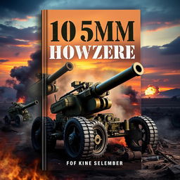 A striking book cover design featuring a 105mm howitzer artillery gun prominently displayed against a backdrop of a dramatic battlefield scene