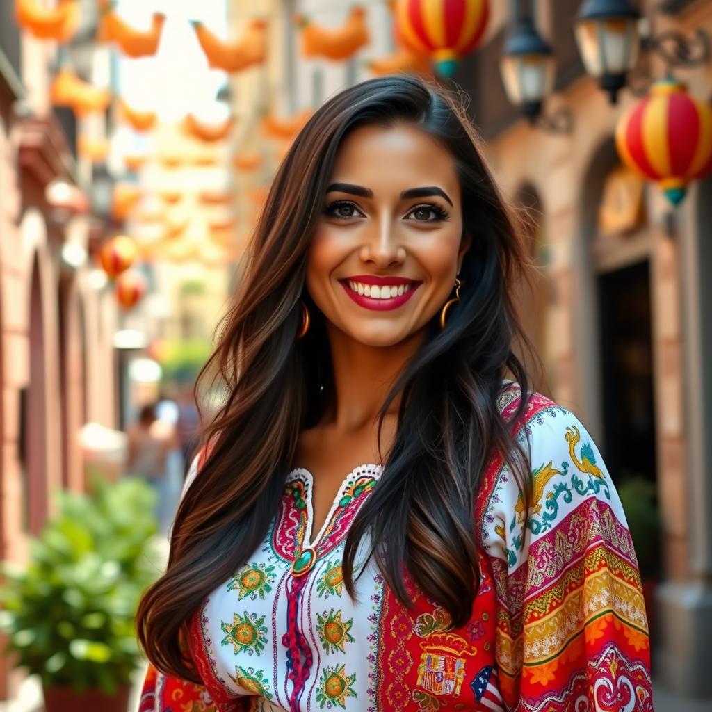 A charming Spanish woman in her 30s, dressed in stylish, colorful traditional clothing that reflects the vibrant culture of Spain