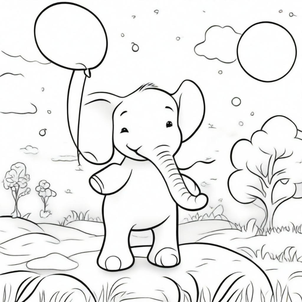 A coloring book page featuring a charming scene of a joyous baby elephant gleefully playing with a bouncy balloon against a backdrop of a sunny savannah