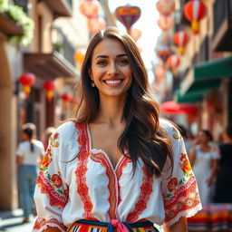 A charming Spanish woman in her 30s, dressed in stylish, colorful traditional clothing that reflects the vibrant culture of Spain